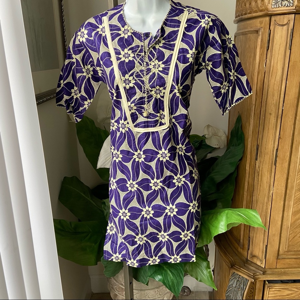 Purple Tan ethnic Floral Print detail mini dress/tunic